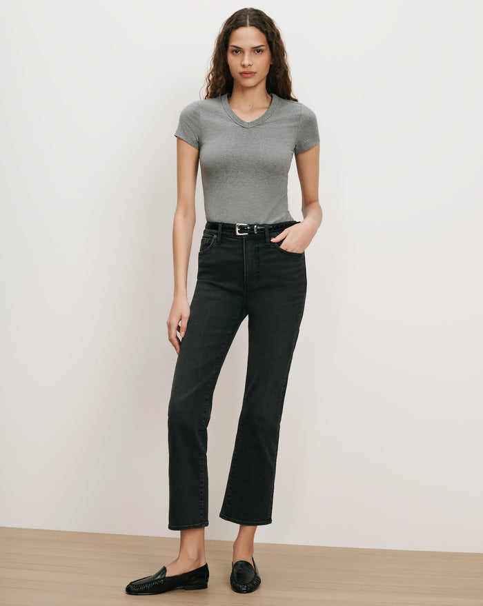 Veronica Beard Gray short-sleeve v-neck t-shirt and black jeans