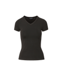 Veronica Beard Black t-shirt and dark gray wide-leg jeans with