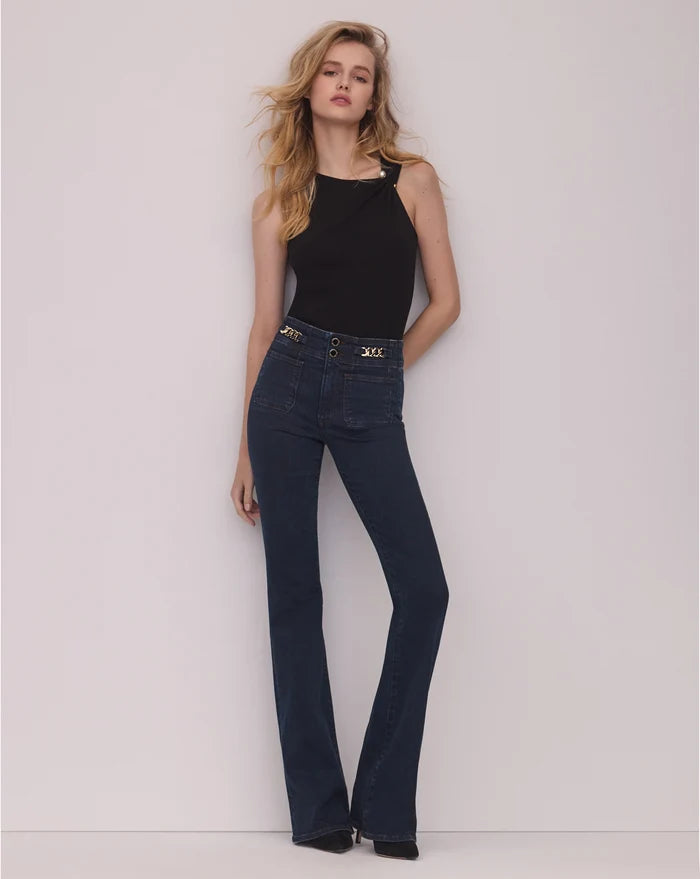 Veronica Beard Black ribbed knit top with pearl button detail.
