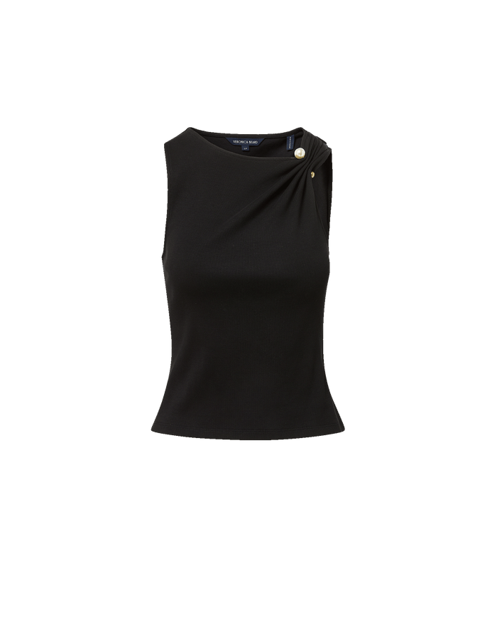 Veronica Beard Black ribbed knit tank top with gold button detail.