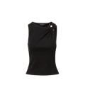 Veronica Beard Black ribbed knit tank top with gold button detail.