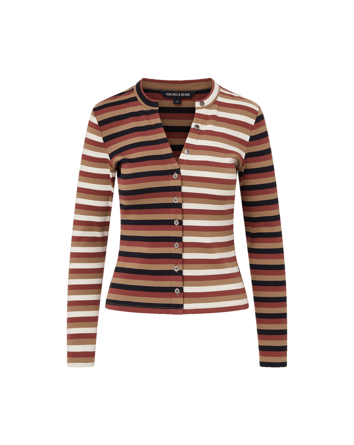 Veronica Beard Dilia Striped Button-Down T-Shirt - Malt/Navy/Red Oak