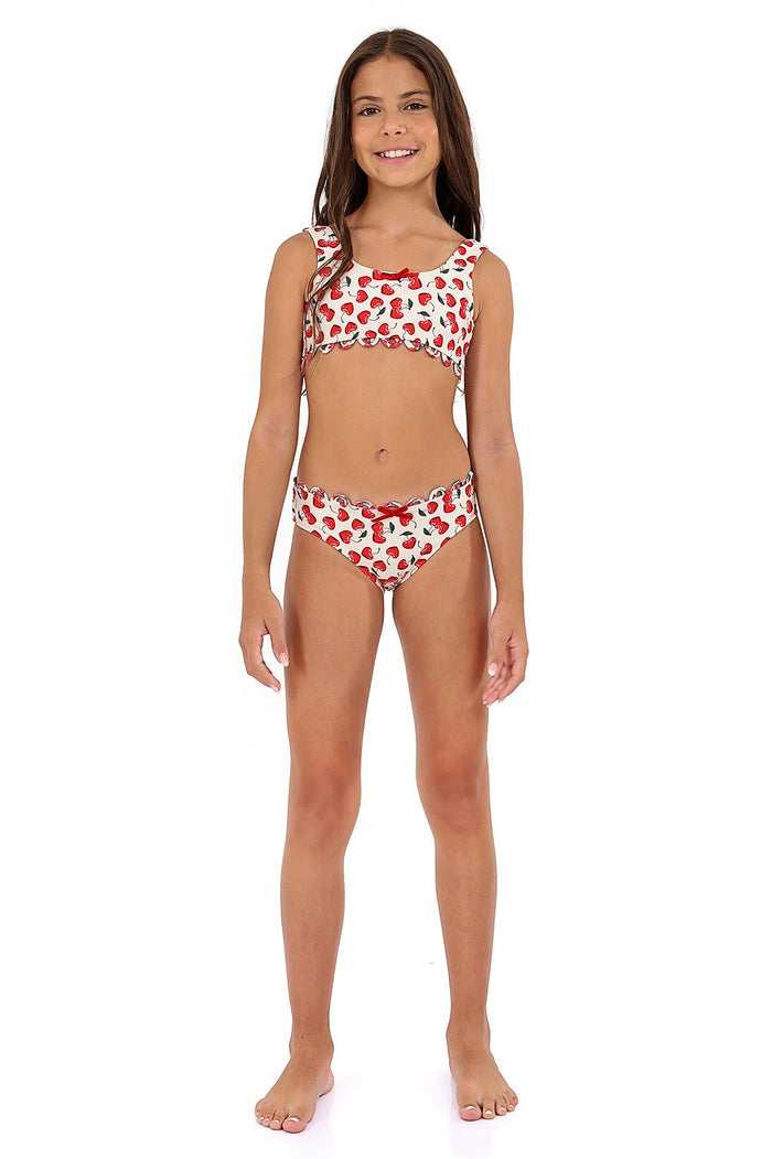 Dolce Kids' Bikini Set in white with red strawberry print and scalloped trim