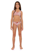 Dolce Kids' Bikini Set in white with red strawberry print and scalloped trim
