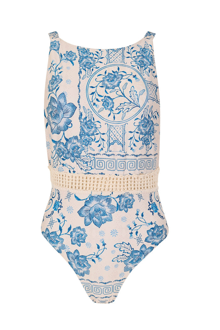 Dome one piece swimsuit in cream with blue pattern detail print and crochet waist detail