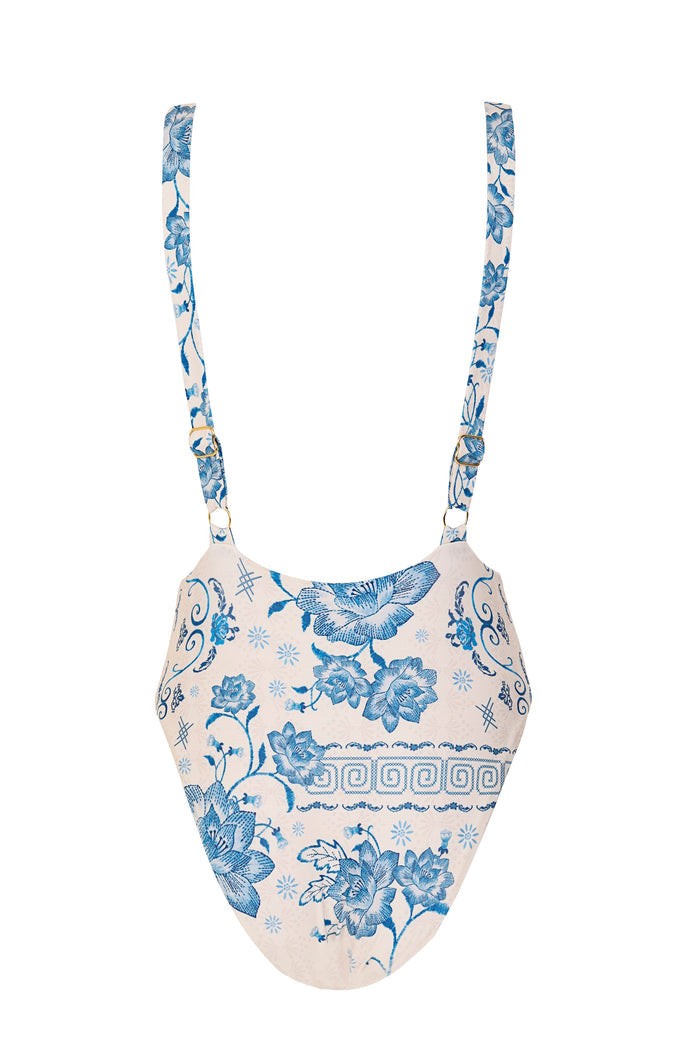 Dome one piece swimsuit in cream with blue pattern detail print and geometric Greek key trim across bust