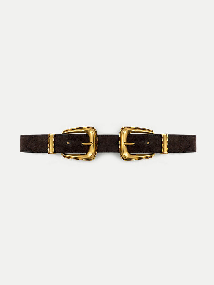 Veronica Beard Brown suede belt with two gold buckles