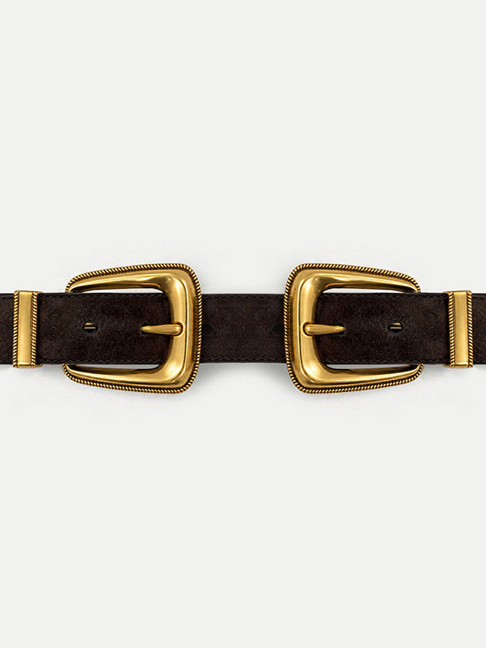 Veronica Beard Brown leather belt with two gold buckles