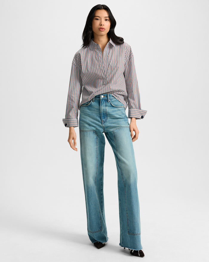 Veronica Beard Draymond Striped Cuff-Sleeve Shirt - Navy/Brandy Multi