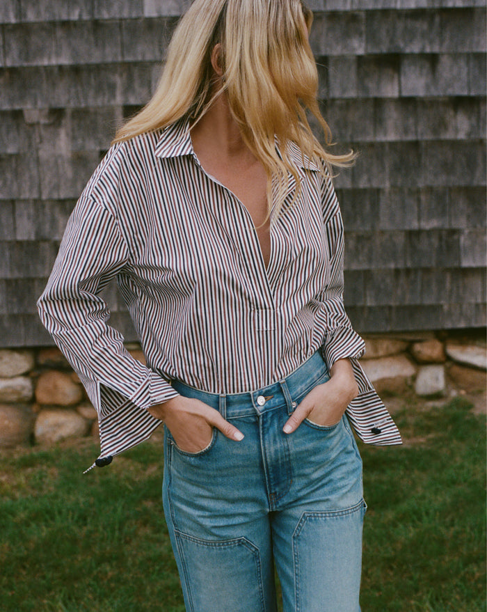 Veronica Beard Draymond Striped Cuff-Sleeve Shirt - Navy/Brandy Multi