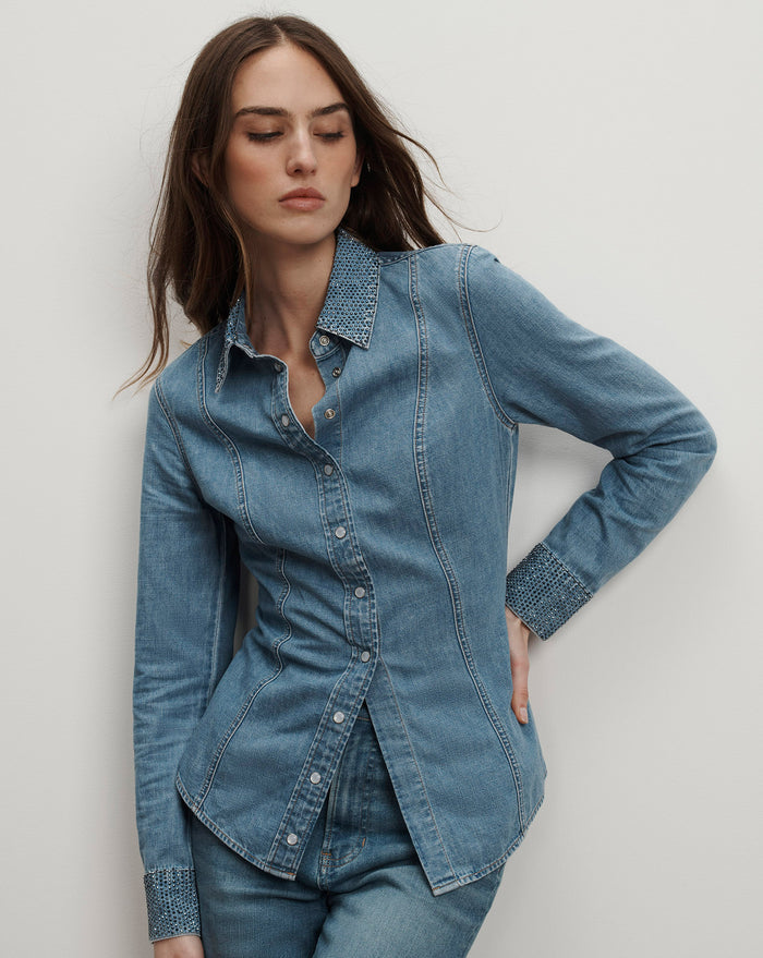 Veronica Beard Eddie Embellished Chambray Shirt - Riviera Breeze