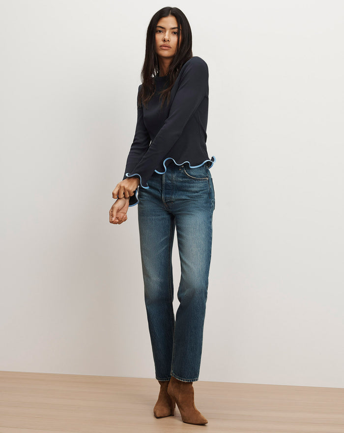 Veronica Beard Elianne Ruffle-Trim T-Shirt - Navy