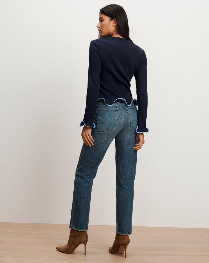 Veronica Beard Elianne Ruffle-Trim T-Shirt - Navy