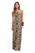 Halterneck maxi dress in beige and black leopard print with beaded front cutout detail
