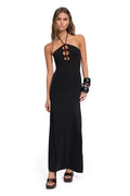 Black halterneck maxi dress with front circular cutouts and beaded ring accents