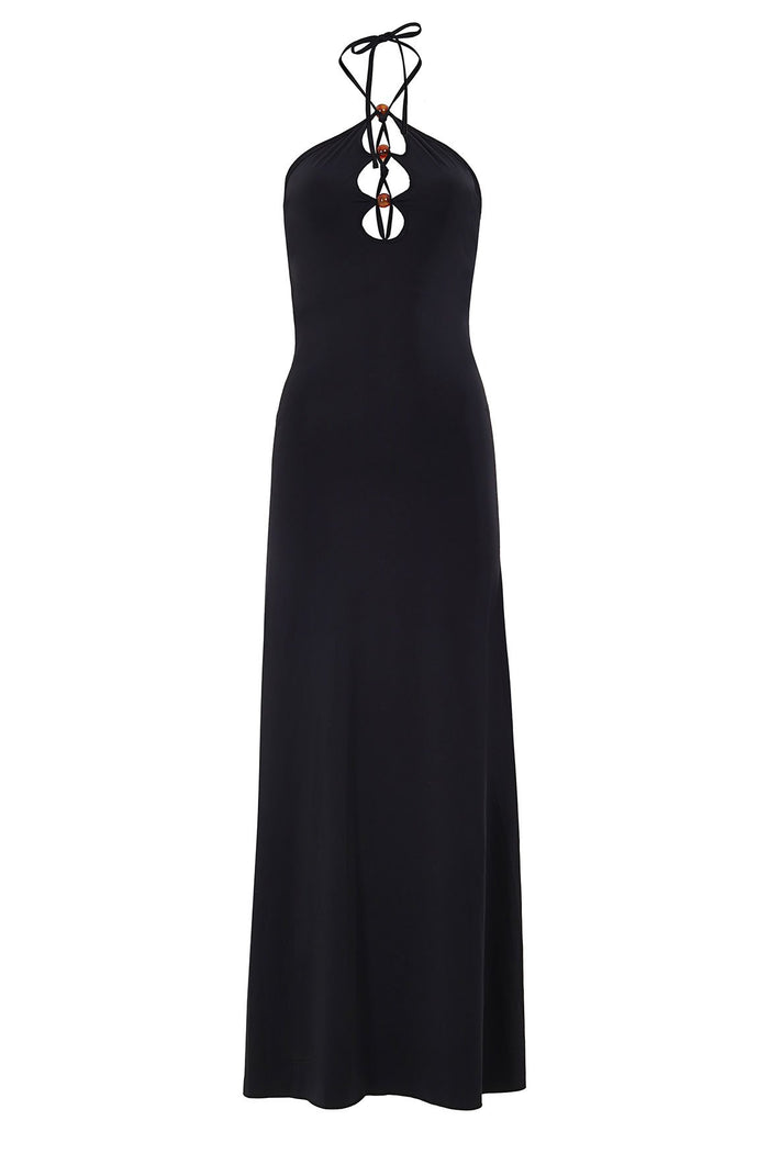 Black halterneck maxi dress with front cutout detail and beaded accents