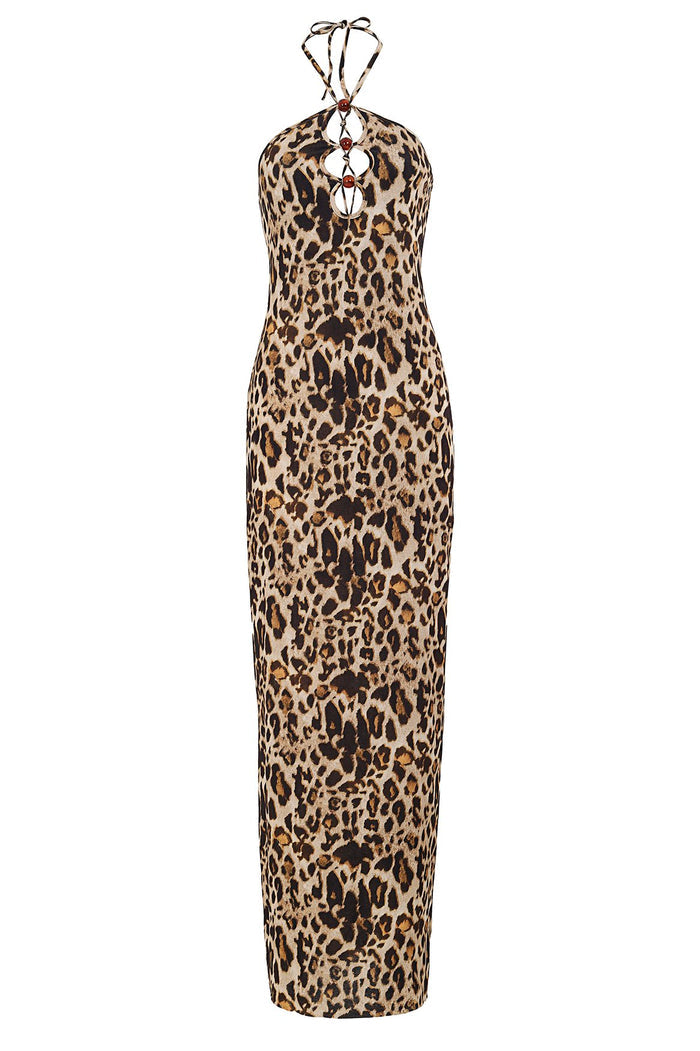 Elise halterneck maxi in beige and brown leopard print with front cut-out and beaded detailing