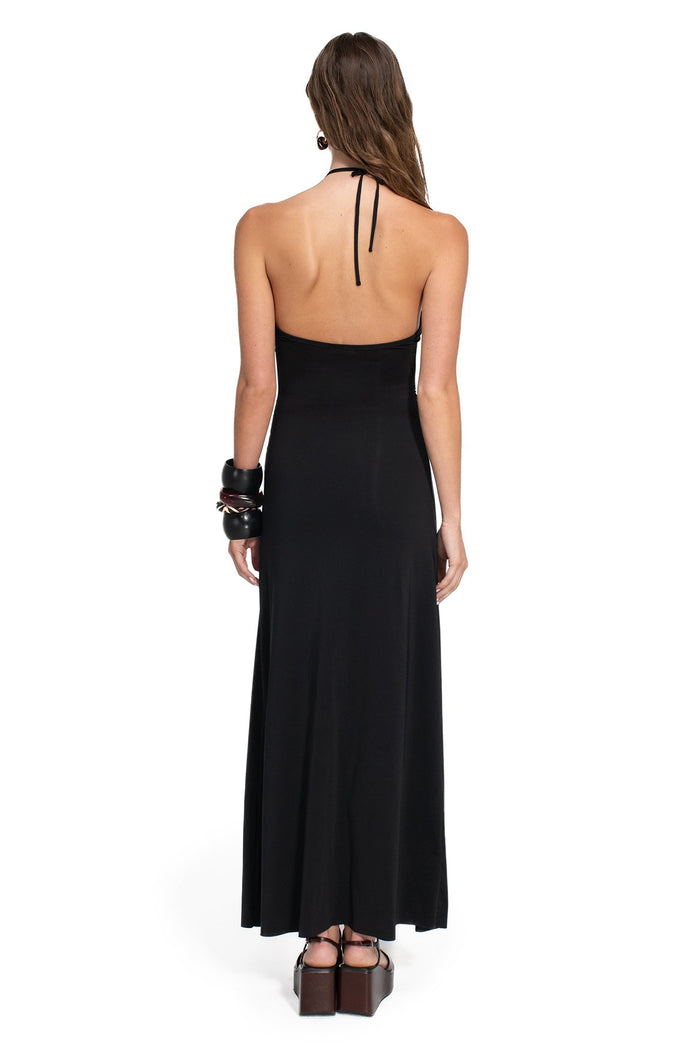 Black halterneck maxi dress with front cut-out detail and beaded accents, back view