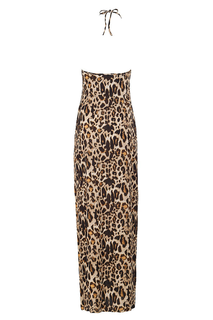 Elise halterneck maxi dress in beige and brown leopard print with beaded front cutout detail