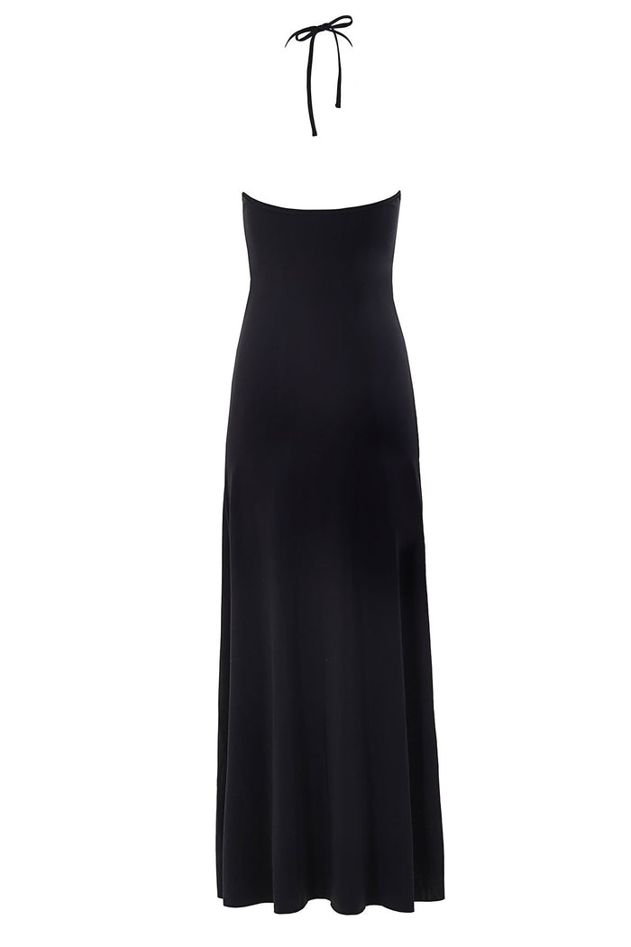 Black halterneck maxi dress with tie closure and relaxed silhouette