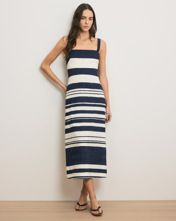 Veronica Beard Ella Striped Linen Midi Dress - Navy/Dove White