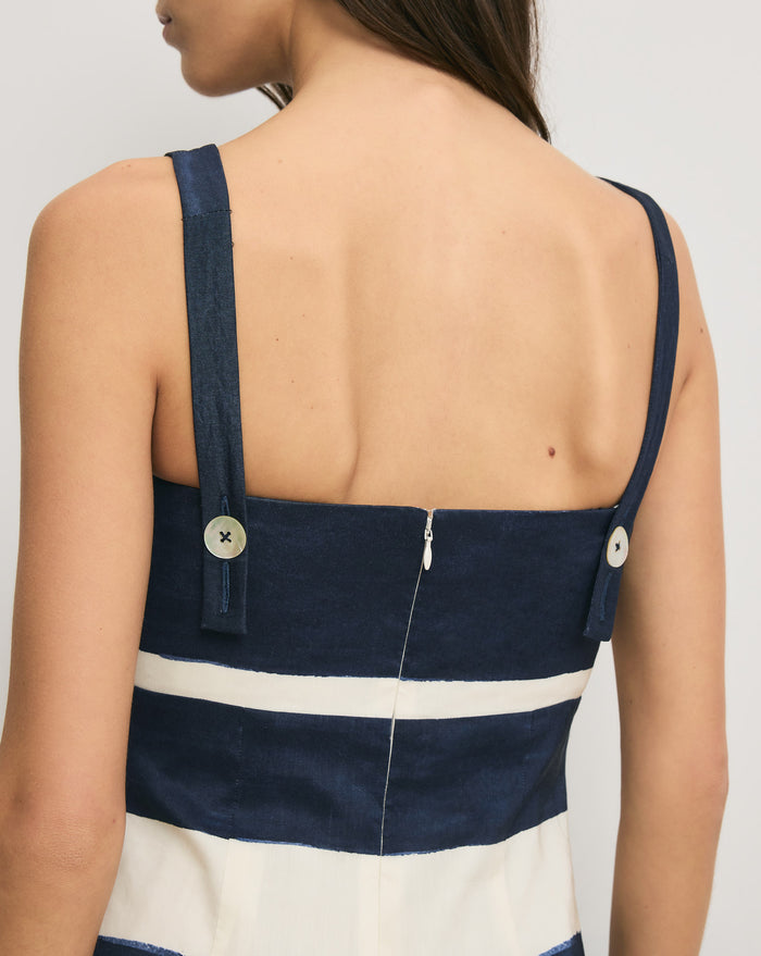 Veronica Beard Ella Striped Linen Midi Dress - Navy/Dove White
