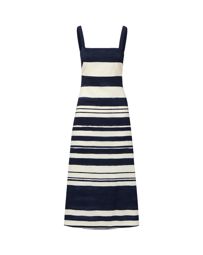Veronica Beard Ella Striped Linen Midi Dress - Navy/Dove White