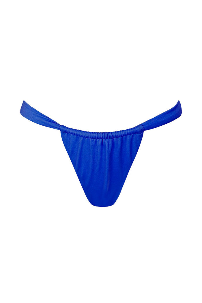 Elsa bikini bottom in cobalt blue shimmery fabric with tie sides and medium coverage