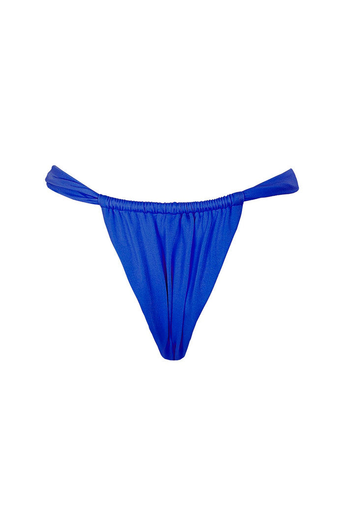 Blue shimmery bikini bottom with elastic straps and Latin coverage