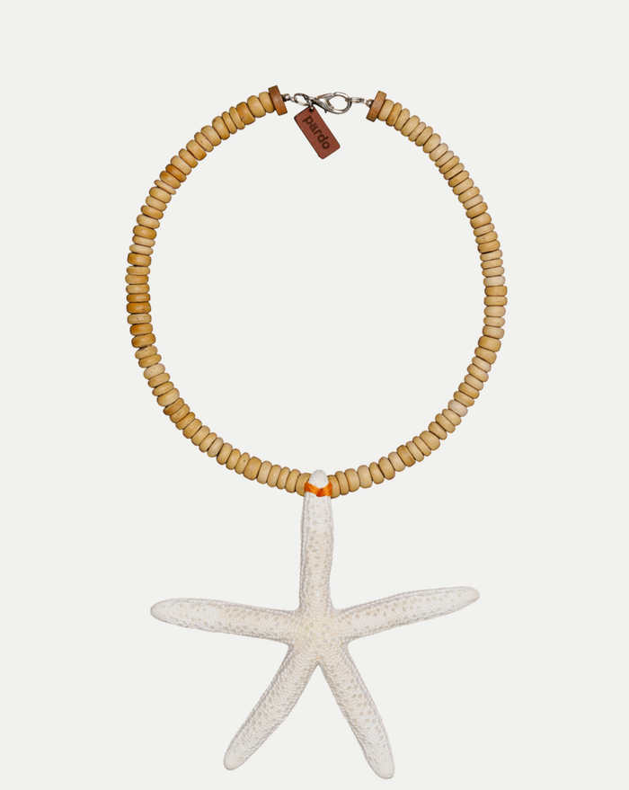 Veronica Beard Wooden beaded necklace with white starfish pendant.