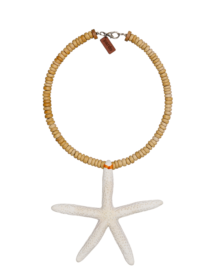 Veronica Beard Wooden beaded necklace with white starfish pendant.