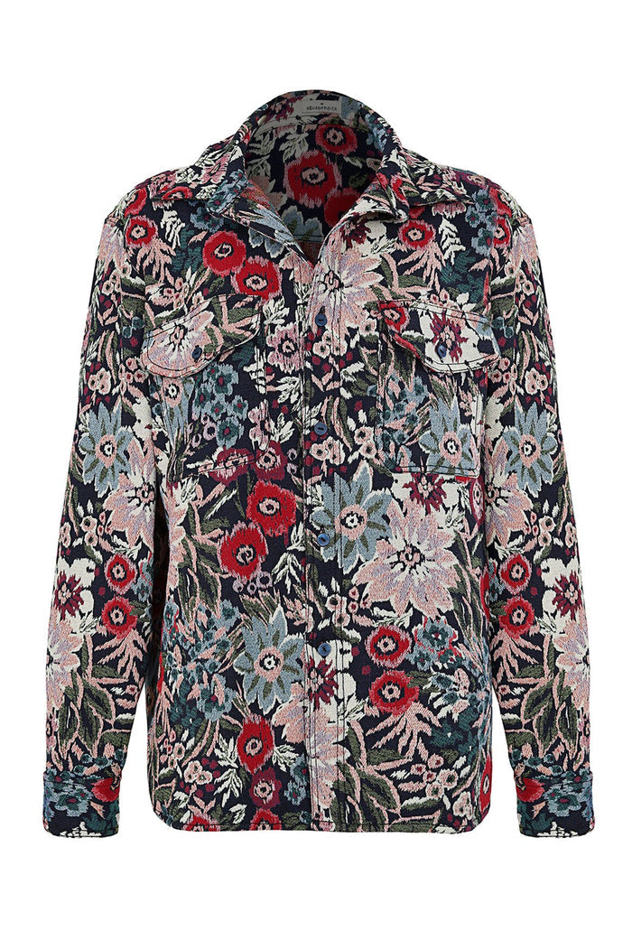 Ethan Shirt in navy jacquard with multicolor floral print featuring red, pink, blue, and cream blossoms, button-up front and chest pocket