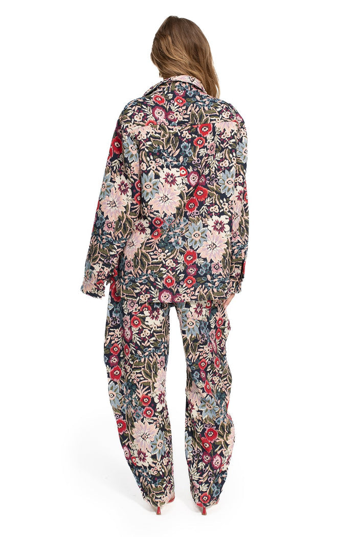 Ethan Shirt pajama set with multicolor floral print on navy base, back view showing relaxed-fit button-up top and matching pants