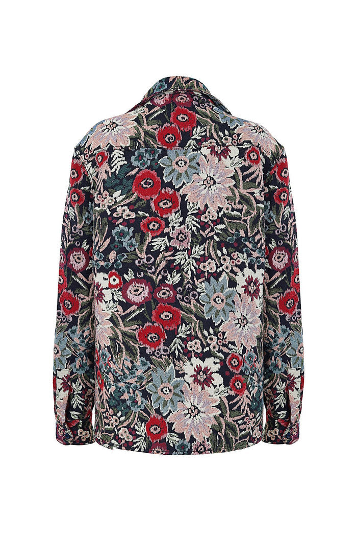 Ethan Shirt with dark navy base and multicolor floral jacquard pattern featuring red, pink, sage and cream blooms