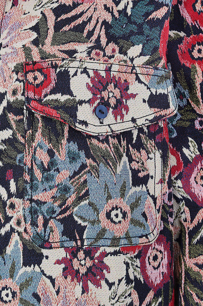 Ethan shirt in navy jacquard with multicolor floral pattern, front pocket with blue button, relaxed fit