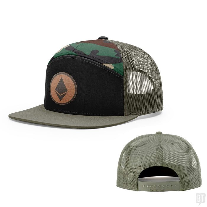 Seven-Panel Trucker Flatbill / Black and Camo and Loden / One Size