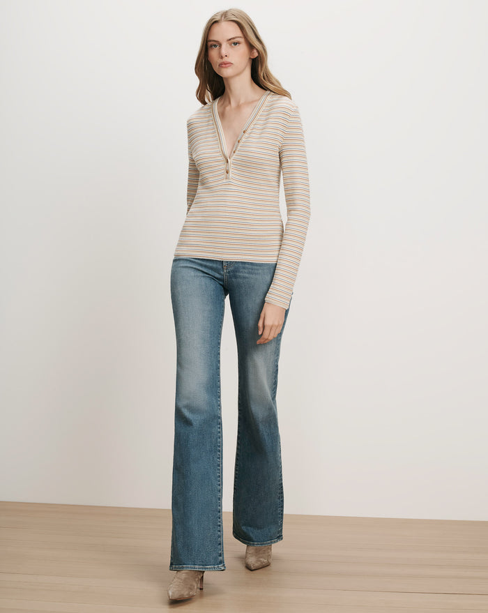 Veronica Beard Striped ribbed long-sleeve top with a partial zipper.