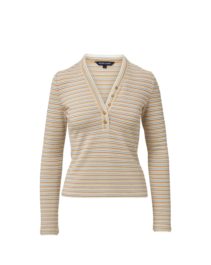 Veronica Beard Striped long-sleeve henley shirt with a v-neck and button placket.