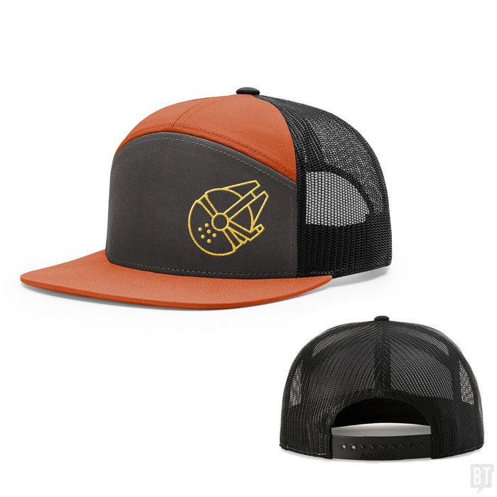 Seven-Panel Trucker Flatbill / Charcoal and Burnt Orange and Black / One Size