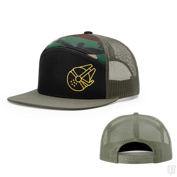 Seven-Panel Trucker Flatbill / Black and Camo and Loden / One Size