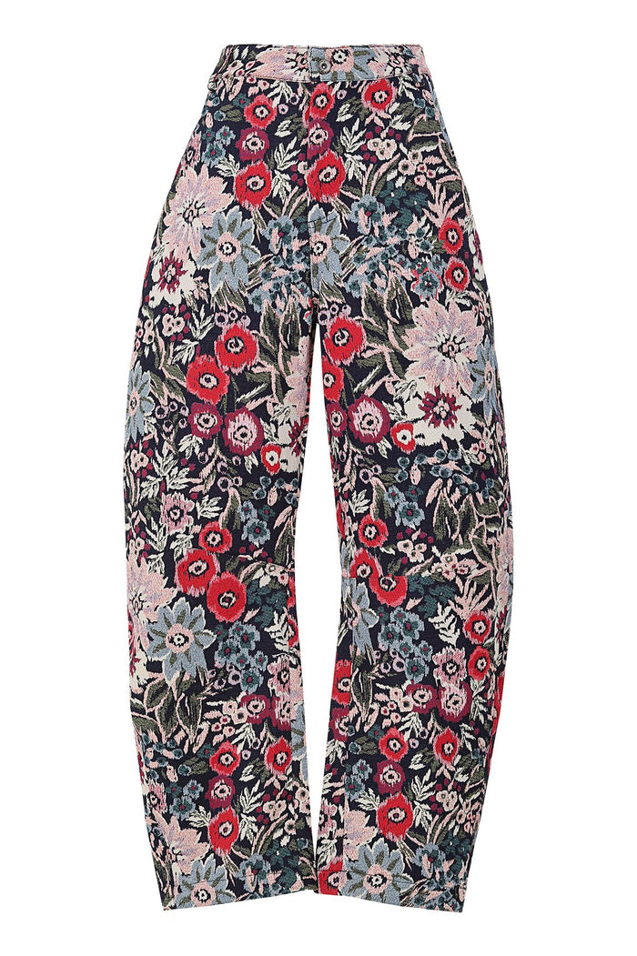 Wide-leg pants in textured jacquard with all-over floral print featuring red, pink, blue and green blooms on dark background