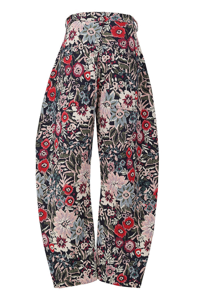 Wide-leg pants in textured jacquard fabric with allover floral print in red, pink, blue and cream on black background