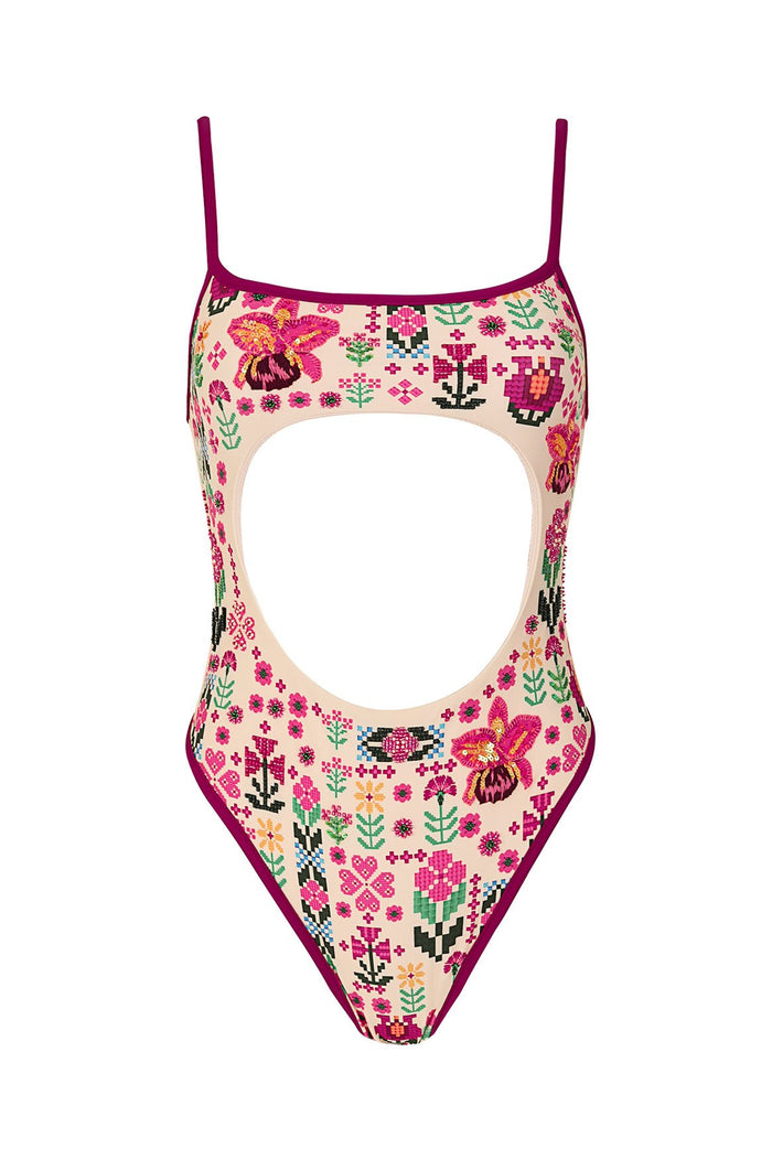 One-piece swimsuit with center cutout, beige base with pixelated pattern detail embroidery and hand-embellished sequins, burgundy trim