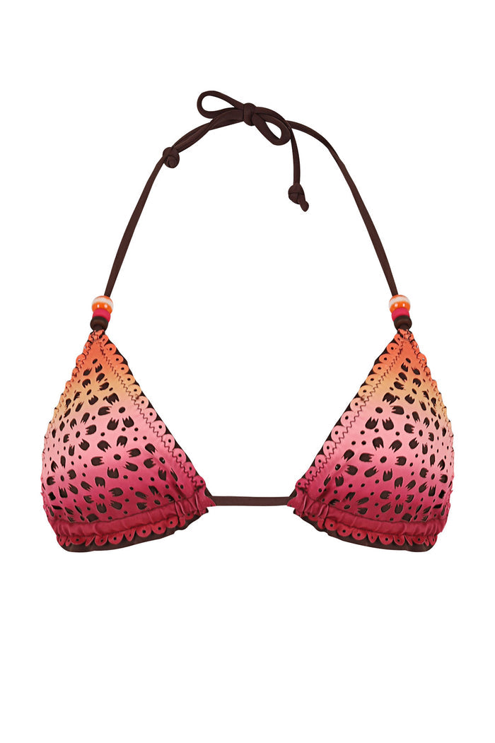 Gaia triangle bikini top in ombré pink to coral with spotted pattern, brown halter ties, scalloped trim and beaded strap details