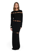 Black long-sleeve maxi dress with horizontal beaded cut-out details at chest and waist