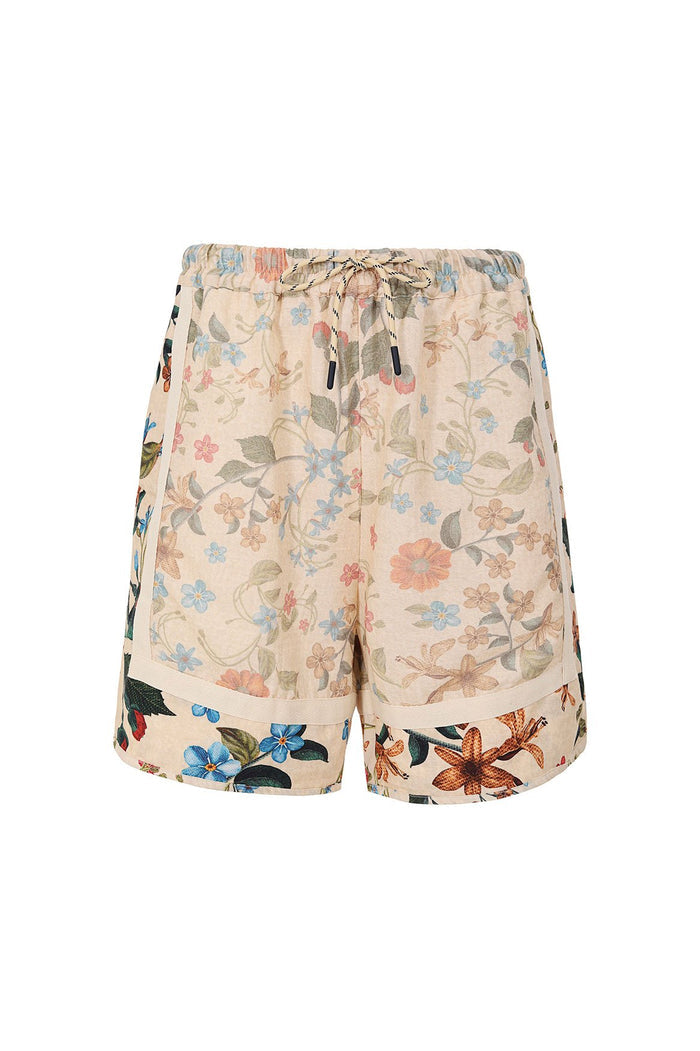 Georgie men's shorts in cream with all-over floral print featuring blue, coral and olive flowers, elastic waistband with drawstring and side pockets