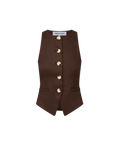 Veronica Beard Brown sleeveless button-front vest and black floral midi skirt.