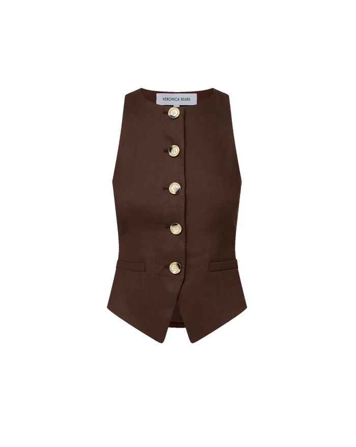 Veronica Beard Brown sleeveless button-front vest and black floral midi skirt.