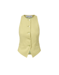 Veronica Beard Light green sleeveless vest with gold buttons and matching wide-leg pleated trousers.
