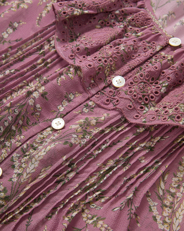Veronica Beard Pink floral pleated dress with eyelet lace trim.